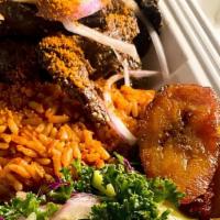 Suya Plate · Grilled Beef (Suya), Joloff Rice, Stewed Beans, Plantains and Salad