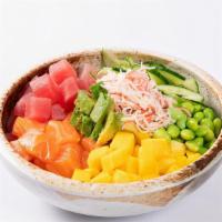 Oki Classic Bowl · Ahi tuna, salmon, cucumber, mango, edamame, crab salad, hijiki seaweed, avocado, Oki special...