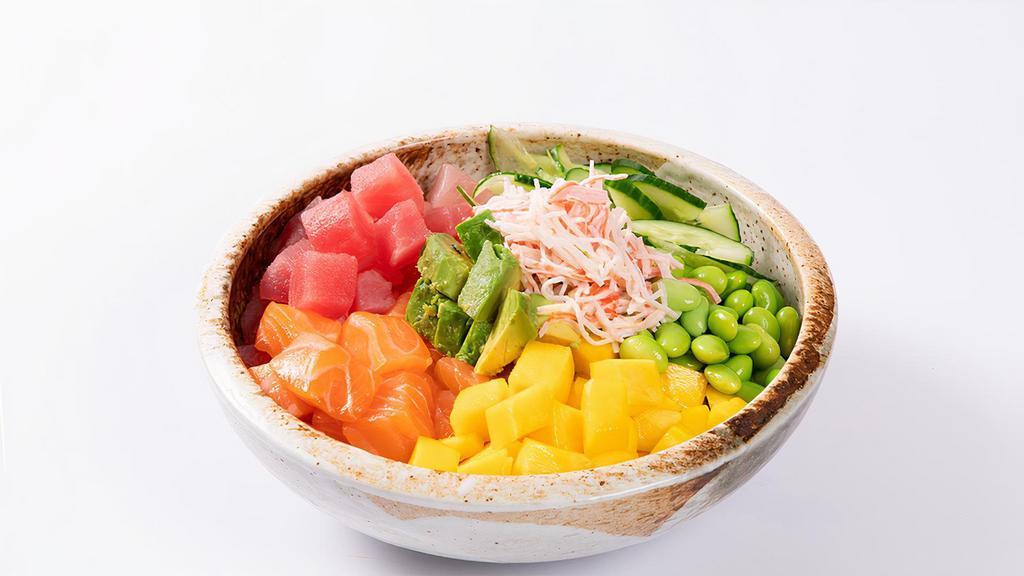 Oki Classic Bowl · Ahi tuna, salmon, cucumber, mango, edamame, crab salad, hijiki seaweed, avocado, Oki special classic sauce.