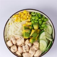 Angry Chicken Bowl · Organic chicken, sweet onion, cucumber, edamame, sweet corn, avocado, spicy ginger sauce.