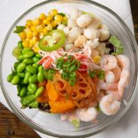 The Long Beach Bowl · Shrimp, scallops, sweet onion, cucumber, edamame, crab salad, seaweed salad, avocado, citrus...