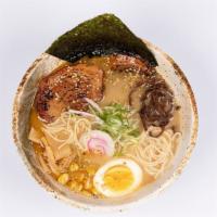 Tonkotsu Shoyu Ramen · Chashu pork, egg, scallion, corn, bamboo shoots, woodear, seaweed, sesame seeds, fish cake.