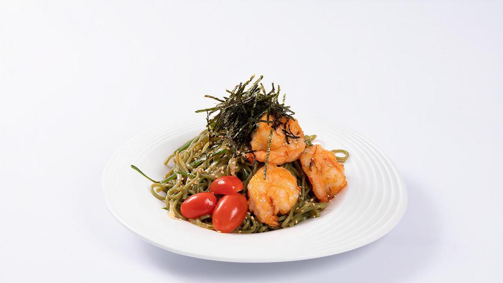 Shrimp Green Tea Soba (Cold) · cold soba noodles, cucumber, baby tomato, sesame seed, nori with sudachi citrus sauce.