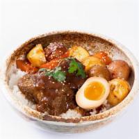 Short Rib Don · slow braised beef short ribs over rice with half soft boiled egg, potato, edemame, corn, sca...