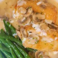 Chicken Rollatine With Mushrooms · Boneless chicken breast breaded, rolled with mozzarella cheese, sauteed in butter, sherry wi...