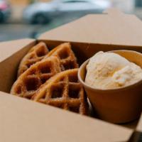 Churro Waffle · Churro waffle, cinnamon sugar, caramel, vanilla ice cream.