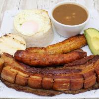 Bandeja Paisa · Typical Colombian dish served with steak, sausage, sweet plantain, fried egg, pork bellie , ...