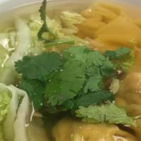 S3, Wonton Soup · Wonton staffed with pork and shrimp in clear broth garnished with scallion.