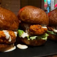 Hot Chicken Sliders · Buttermilk Fried Chicken chefs buffalo sauce lettuce blue cheese homemade Brioche Bun