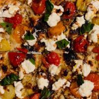 Burrata Pizza · Heirloom Chery Tomato, Oregano, Balsamic Vinegar, Organic Raw Honey, Basil, lemon Zest, Oliv...