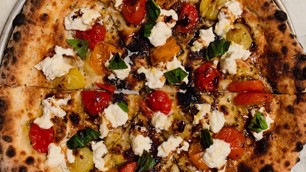 Burrata Pizza · Heirloom Chery Tomato, Oregano, Balsamic Vinegar, Organic Raw Honey, Basil, lemon Zest, Olive Oil.