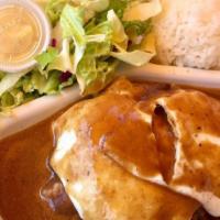 Loco Moco Lunch (Lunch & Dinner) · House hamburger patty, two eggs on rice. smothered with home-style brown gravy. served with ...
