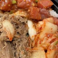 Haleiwa Bowl (Lunch & Dinner) · Poice choice, garlic chicken, kalue pig and kim chee.