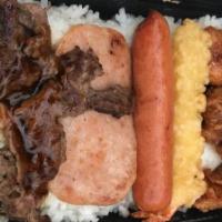 Fatboy'S Bento (Lunch & Dinner) · Garlic chicken, teri beef, fried fish, hot dog and spam.