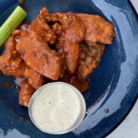 Buffalo Wings · Spicy. Seasoned seitan, hot sauce, and ranch dressing.