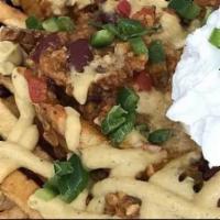 Chili Cheese Fries · Contains nuts. Tempeh-kidney bean chili, cashew cheese sauce, and sour cream, pickled jalape...