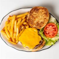 Deluxe Cheeseburger · American, swiss, cheddar or mozzarella. Deluxe cheeseburger is served with french fried pota...