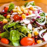 Maya Salad Bowl · Organic mixed greens, beets, cherry tomatoes, onion, chickpeas, radish, sesame and balsamic ...