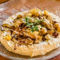 Shawarma Hummus Bowl · Thinly sliced chicken and grilled onions.