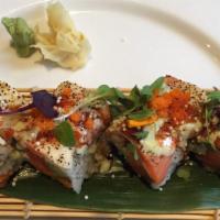 Tomo Roll · Spicy crunch salmon inside, outside with salmon, white tuna, avocado, crispy rice ball and c...