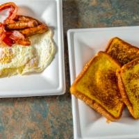 French Toast Combo · 3 slices of french toast, served with 2 eggs, 3 strips of bacon, and 1 pork sausage.