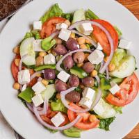 Mediterranean Salad (Small) · Cucumbers, tomato, olives, chickpeas, onions, green peppers, feta, balsamic vinaigrette.