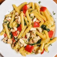 Pasta Rustica · Grilled chicken, spinach, roasted peppers in a cream sauce.