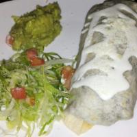 Chicken Burrito · Served with rice, beans, lettuce, tomatoes, guacamole, and sour cream.