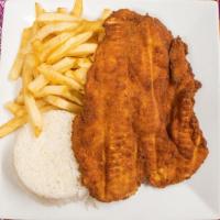 Milanesa De Pollo · Breaded chicken served with rice and salad or French fries.