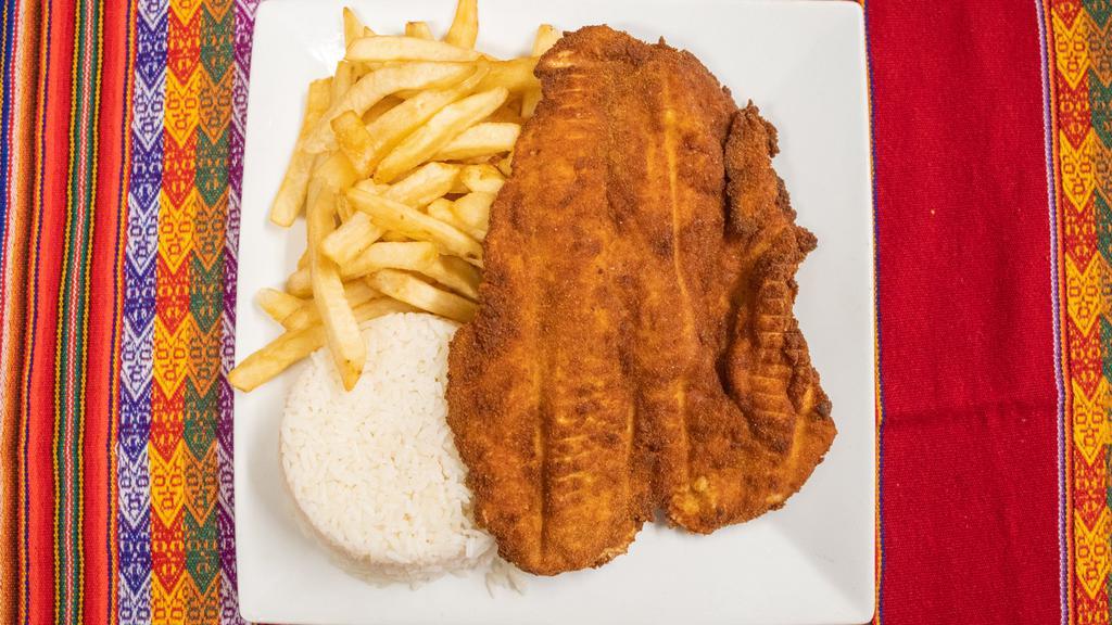 Milanesa De Pollo · Breaded chicken served with rice and salad or French fries.