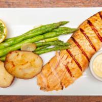 Grilled Salmon · Gluten-Free. Roasted potatoes, asparagus and Dijonaise.