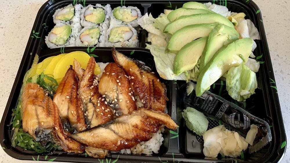 Unagi Don Lunch Box · Served with shumai and a california roll.