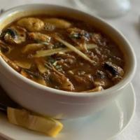 Vegetable Or Mushroom Soup · Mixed vegetables, sliced mushrooms in a lentil and tomato purée.
