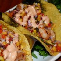 Shrimp Tacos · mango pico de gallo | red & green sauce