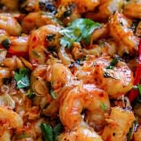 Spicy Garlic Shrimp · Shrimp sautéed in garlic, parsley, white, wine, EVOO & red pepper flakes