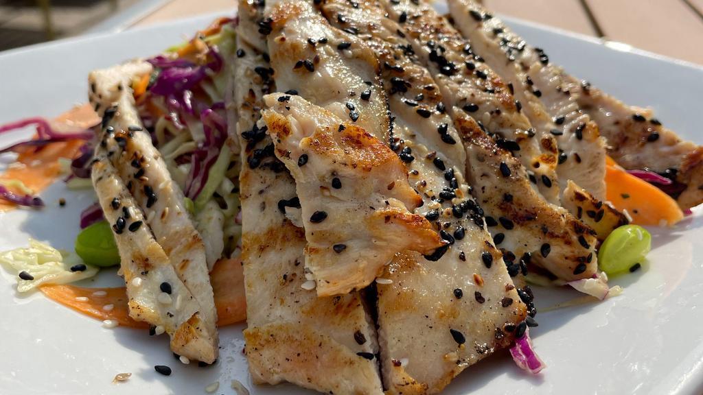  Asian Chicken Salad  (Gf) · grilled chicken, sliced red and green cabbage, yellow bell pepper. julienne radish, cilantro, basil,& mint, honey citrus poppy seed dressing