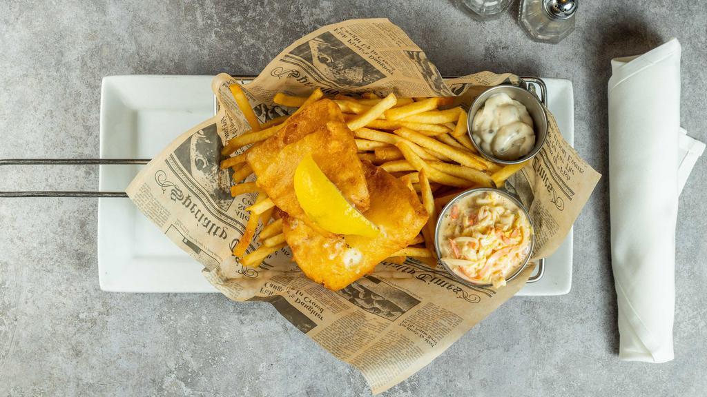 Fish And Chips · Beer battered cod, classic fries, cole slaw, and tartar sauce.