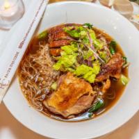 Duck Noodle Soup · Roasted duck, rice vermicelli noodle, bok choy, beansprout, and scallion in five spices dark...