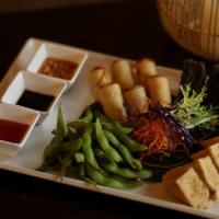 Ra-Cha Combo Set A · Spring Roll, Pan Fried Vegetable Dumpling, Edamame and Fried Tofu