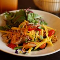 Grilled Salmon Mango Salad  · Grilled Salmon, Fresh Mango, Shallot, Mint, Onion, Cashew Nut in Spicy Lime Sauce