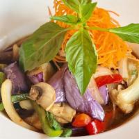 Spicy Eggplant · Gluten-free.  Spicy. Sautéed eggplant, basil leaves, bell peppers, onion, and garlic in chil...