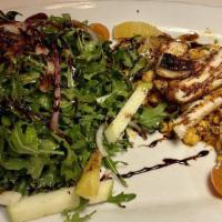 Grilled Octopus · With mixed greens, artichoke hearts, red onion, roasted peppers, shaved Romano, and lemon vi...