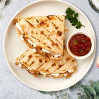 Pollo Grill Quesadilla · Grilled chicken, grilled onions, peppers, melted cheddar cheese, mozzarella cheese, and sour...