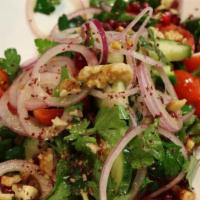 Pera Soho Salad (Vegetarian) · Beefsteak tomato, cucumber, kalamata olive, red onion, barrel-aged feta, pepperoncini, parsl...
