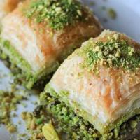 Turkish Baklava · Three pieces. Filled with chopped Turkish pistachios.