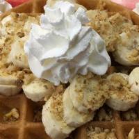 Nutragious Banana Nut Belgian Waffle · Topped with fresh banana slices, walnuts and whipped cream.