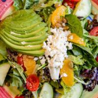 House Salad · Mix Greens, Red Onions, Grape Tomatoes, Cucumbers, Avocado and Queso fresco. Citrus Agave Dr...