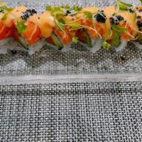 Salmon Lover · Crunchy spicy salmon & avocado , top with fresh salmon and micro cilantro , tobiko and sweet...