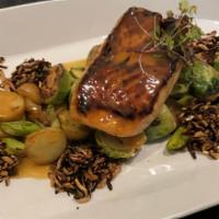 Pan Roasted Salmon · Miso butter sauce, brussels sprouts, asparagus, and fingerling potatoes.