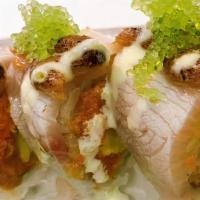 Amsterdam  · Spicy salmon & avocado top with seared yellowtail, wasabi tobiko, peanut sauce & wasabi mayo